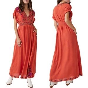 NWT FREE PEOPLE Maisley Embroidered Boho Maxi Dress Burnt Orange Small